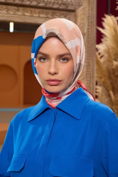 Marrakech Koleksiyon Soft Eşarp 1211-10 - Mavi, Pembe ve Bej Desenli İpek Eşarp